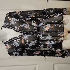 White House Black Market Floral Sheer Blouse - Black and Blue